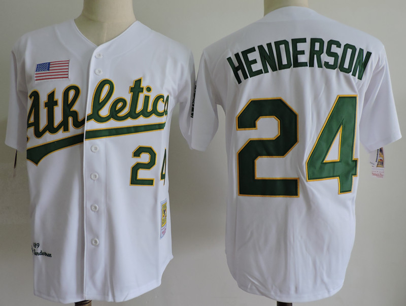 Men's Oakland Athletics #24 Rickey Henderson White 1989 World Series Mitchell & Ness Cooperstown Throwback Jersey