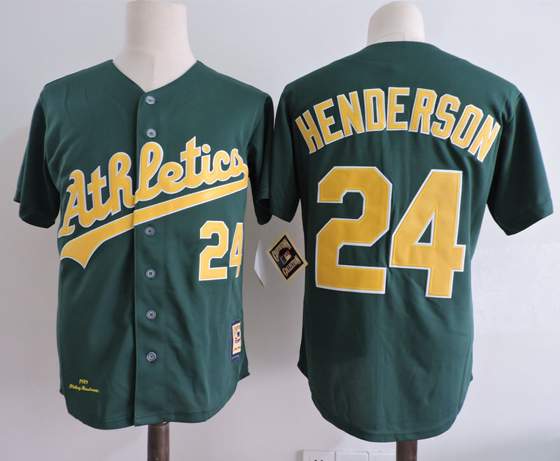 Men's Oakland Athletics #24 Rickey Henderson Green 1989 World Series Mitchell & Ness Cooperstown Throwback Jersey