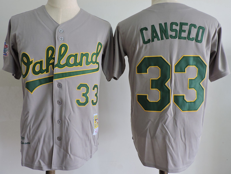 Men's Oakland Athletics #33 Jose Canseco Grey White 1989 World Series Cooperstown Throwback Jersey