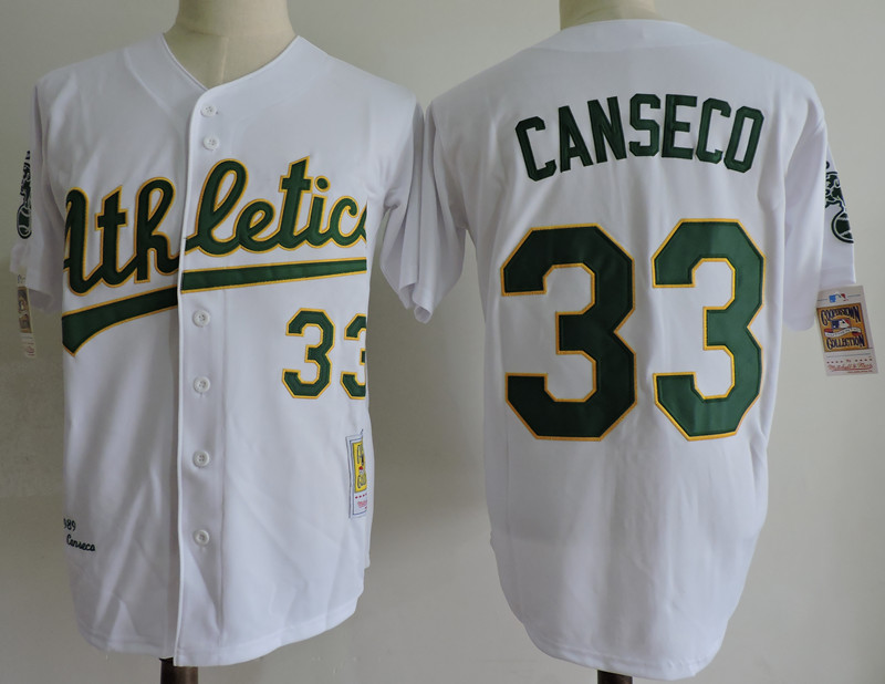 Men's Oakland Athletics #33 Jose Canseco White 1989 World Series Cooperstown Throwback Jersey