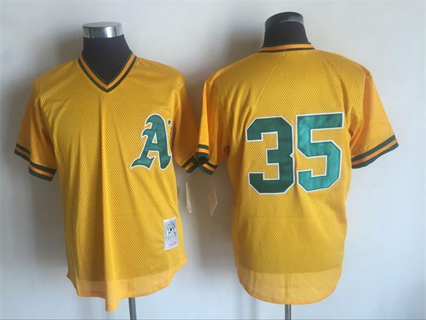 Men's Oakland Athletics #35 Rickey Henderson Yellow Mesh Pullover Cooperstown Throwback Jersey