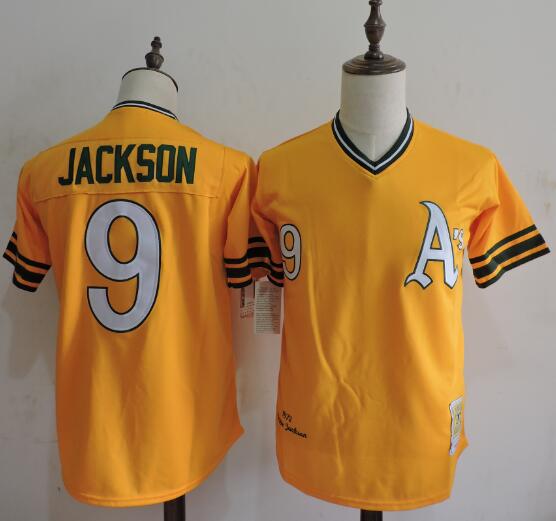 Men's Oakland Athletics #9 Reggie Jackson 1972 Yellow Cooperstown Throwback Jersey