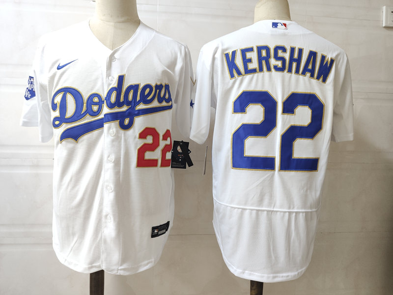 Mens Los Angeles Dodgers #22 Clayton Kershaw Nike White/Gold 2021 Gold Program Player Jersey