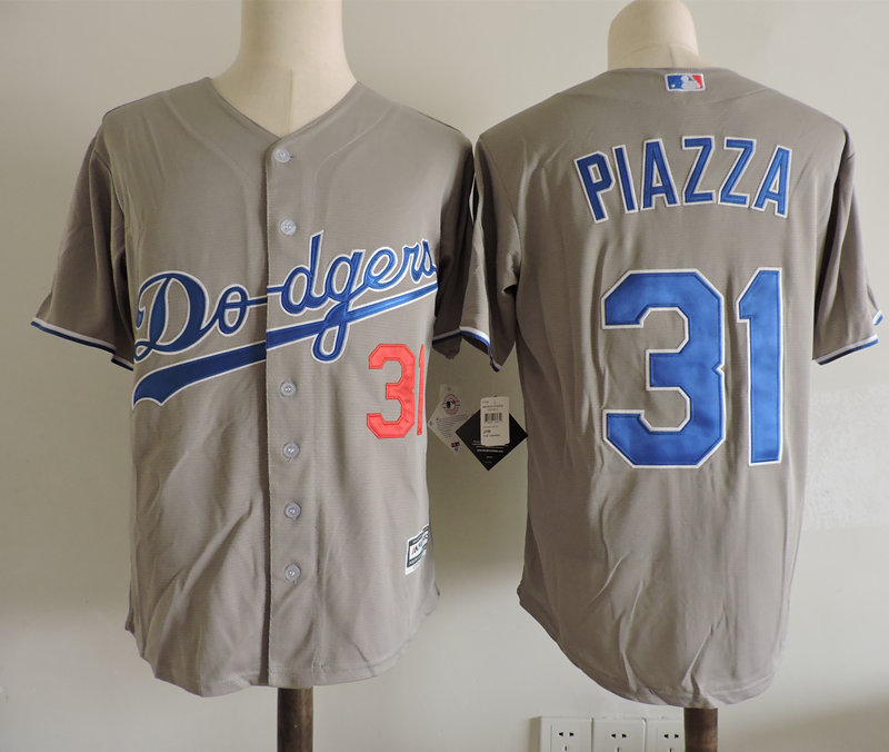 Mens Cheap Los Angeles Dodgers #31 Mike Piazza 1997 Grey with Throwback Baseball jersey 2016 HOF patch
