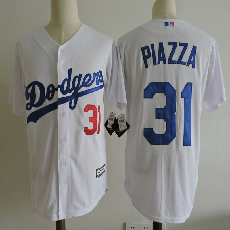 Mens Cheap Los Angeles Dodgers #31 Mike Piazza 1997 White Throwback Baseball jersey with 50TH patch