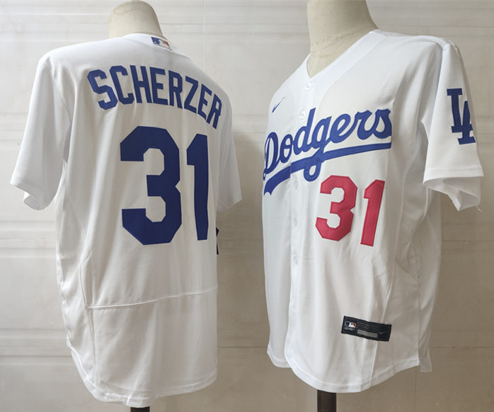 Mens Los Angeles Dodgers #31 Max Scherzer Nike White Home FlexBase Jersey