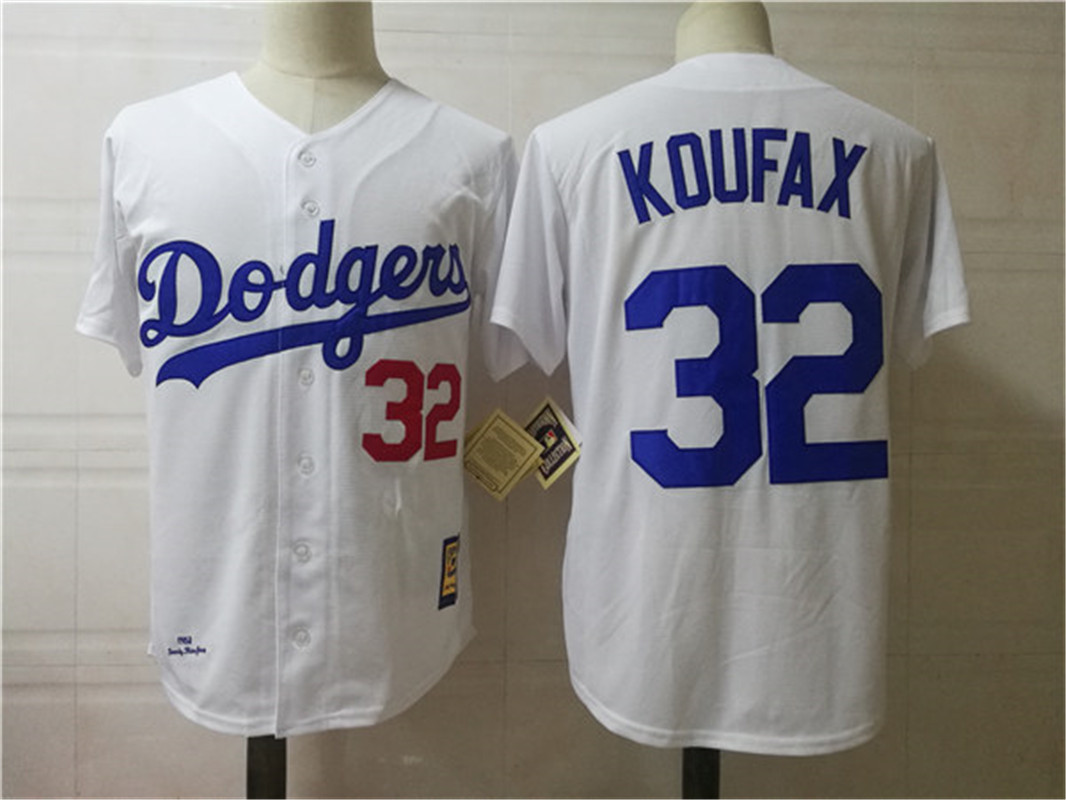 Men's Los Angeles Dodgers #32 Sandy Koufax 1955 Hall Of Fame White Throwback Jersey