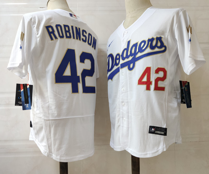 Men's Los Angeles Dodgers #42 Jackie Robinson Nike White/Gold 2021 Gold Program Player Jersey