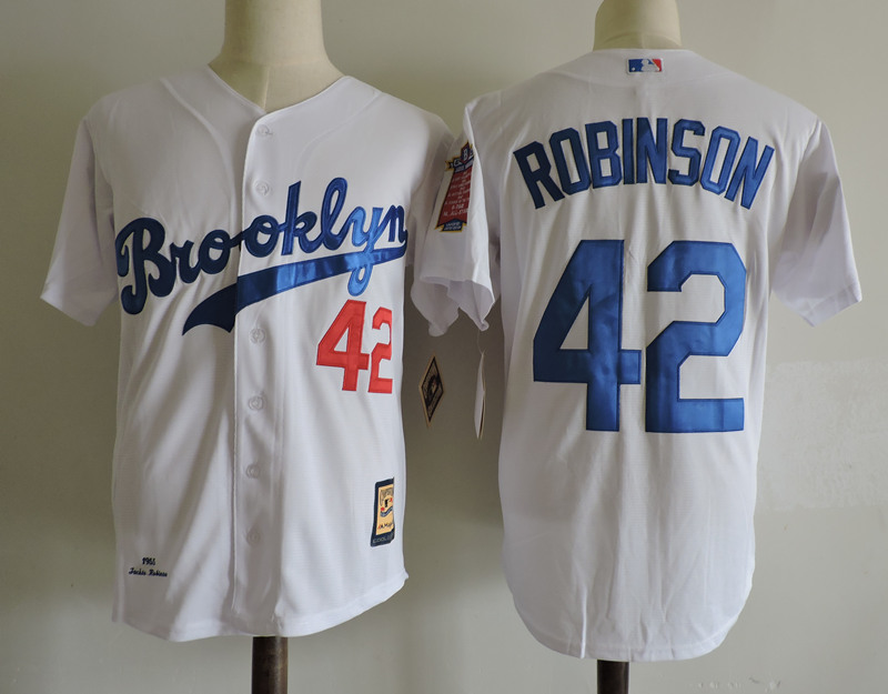 Men's Brooklyn Dodgers Retired Player #42 Jackie Robinson White 1955 Cooperstown Dual Patch Jersey