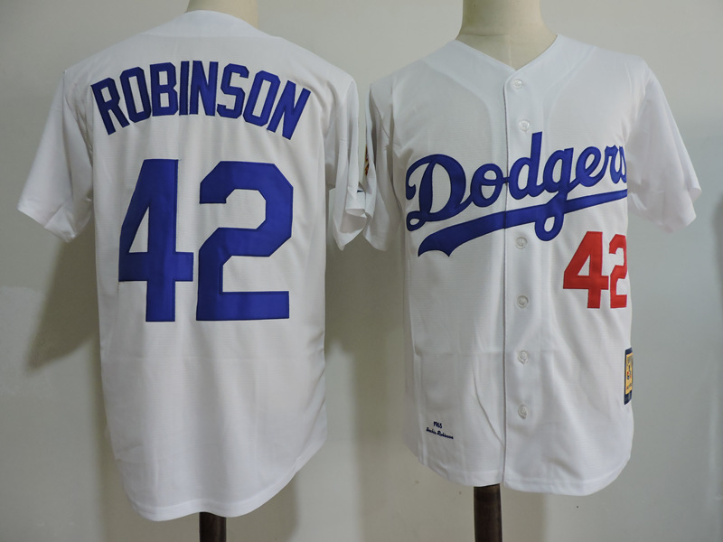 Men's Los Angeles Dodgers #42 Jackie Robinson 1955 Hall Of Fame White Throwback Jersey