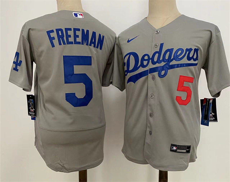 Mens Los Angeles Dodgers #5 Freddie Freeman Nike Grey Road FlexBase Jersey