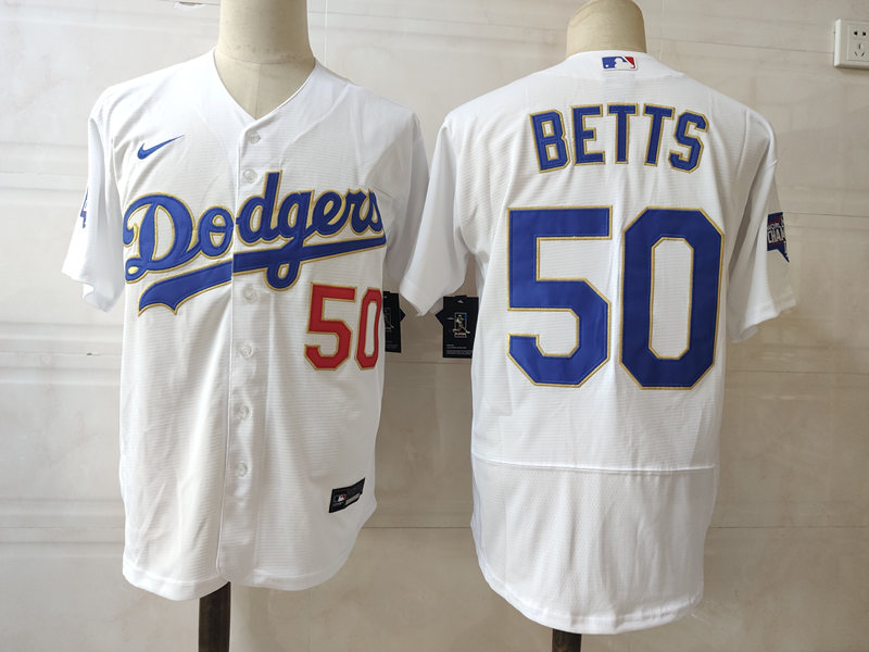 Men's Los Angeles Dodgers #50 Mookie Betts Nike White/Gold 2021 Gold Program Player Jersey