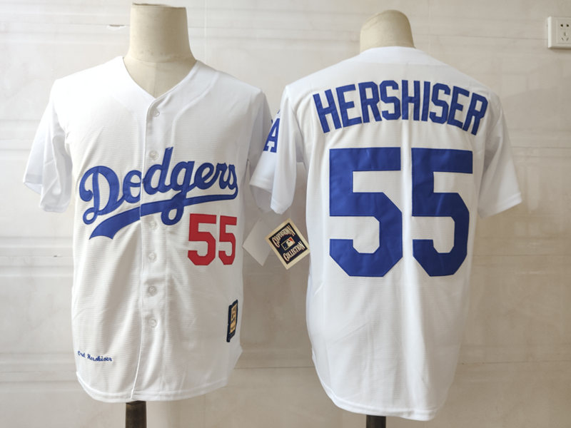 Men's Los Angeles Dodgers #55 OREL HERSHISER Home White Cooperstown Throwback Jersey