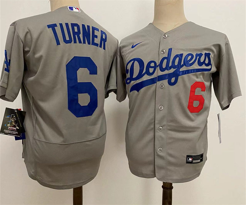 Mens Los Angeles Dodgers #6 Trea Turner Nike Grey Road FlexBase Jersey