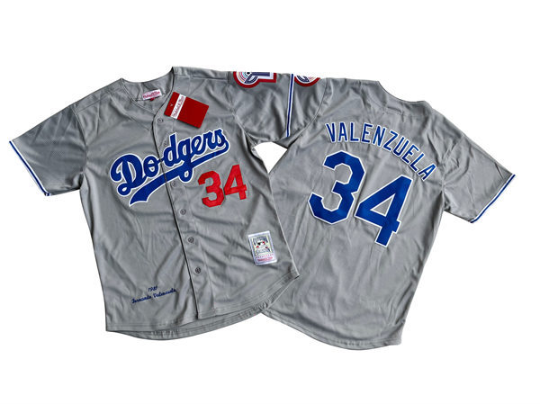 Men's Los Angeles Dodgers #34 Fernando Valenzuela Mitchell & Ness Gray Road 1981 Cooperstown Collection Throwback Jersey
