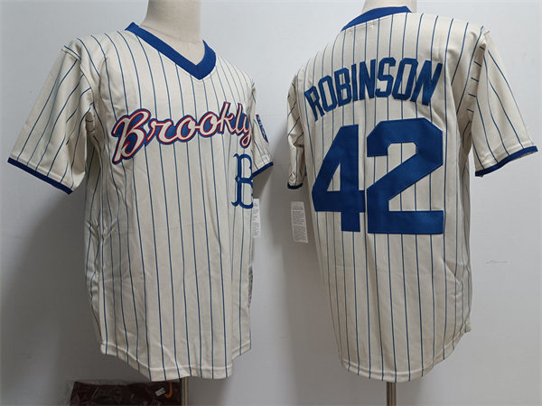 Men's Brooklyn Dodgers #42 Jackie Robinson Majestic Cream Pinstripe Pullover Collection Jersey