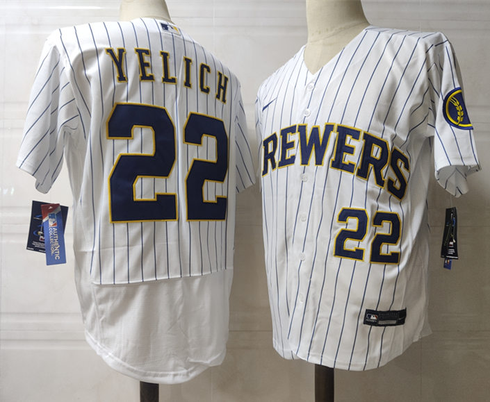 Men's Milwaukee Brewers #22 Christian Yelich Nike White Pinstripe Home 2020 Authentic Player Jersey