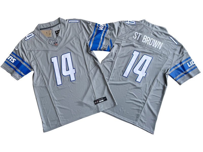 Mens Detroit Lions #14 Amon-Ra St. Brown Nike Steel Alternate 2023 F.U.S.E. Vapor Limited Jersey
