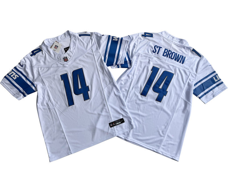 Mens Detroit Lions #14 Amon-Ra St. Brown Nike White 2023 F.U.S.E. Vapor Limited Jersey