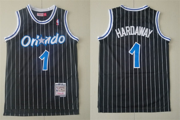 Men's Orlando Magic #1 Penny Hardaway Black Pinstripe Throwback Jersey