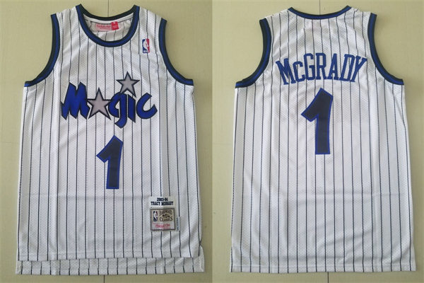 Mens Orlando Magic #1 Tracy McGrady White Pinstripe Throwback Jersey