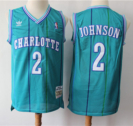 Mens Charlotte Hornets #2 Larry Johnson Teal 1992-93 Hardwood Classics Jersey