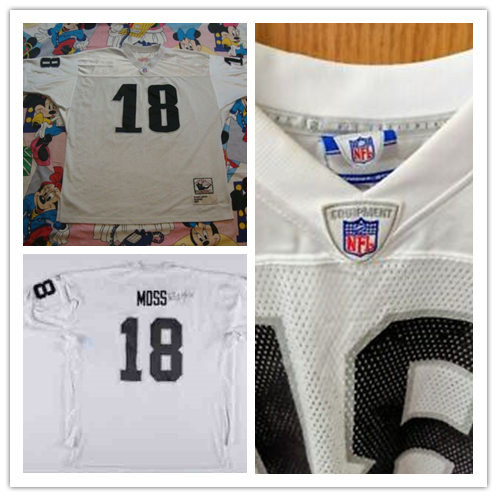 Mens Oakland Raiders #18 Randy Moss Mitchell&Ness 2005 White With Silvery Throwback Jersey