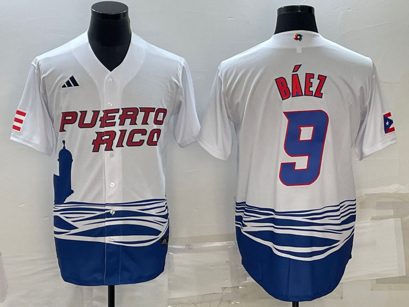Mens Youth Puerto Rico #9 Javier Baez 2023 World Baseball Classic Replica Jersey - White