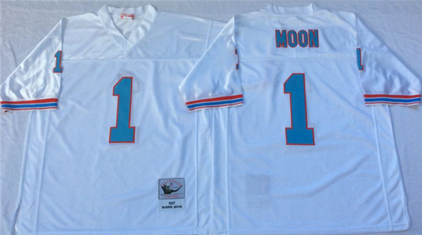 Men's Houston Oilers #1 Warren Moon White Throwback Jersey