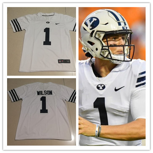 Men's BYU Cougars #1 Zach Wilson Nike White Navy Ncaa College Football Jersey