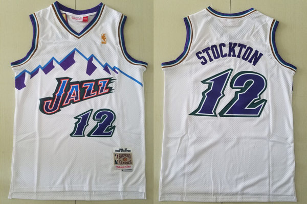 Mens Utah Jazz #12 John Stockton White Mitchell&Ness 1996-97 Hardwood Classics Throwback Jersey