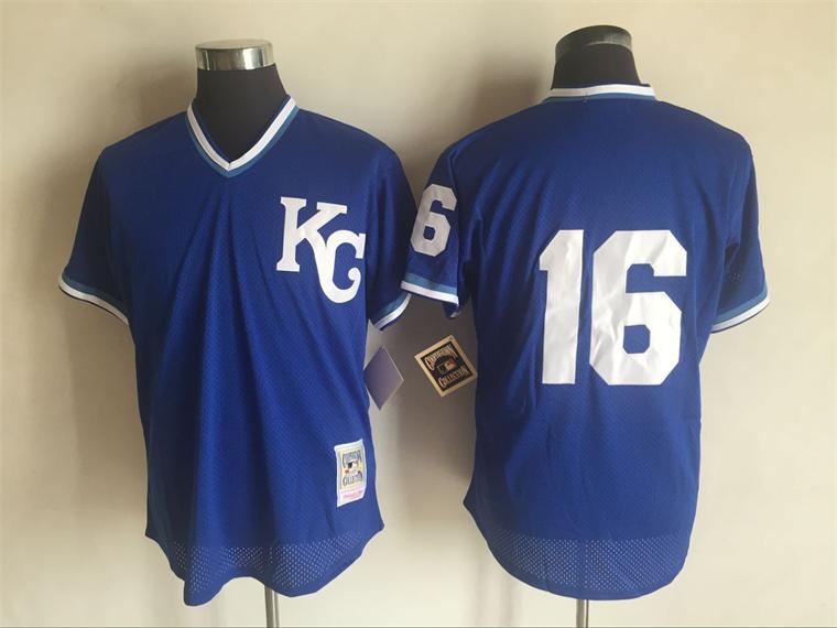 Men's Kansas City Royals #16 Bo Jackson KC Navy Blue Pullover Throwback Jersey By Mitchell & Ness