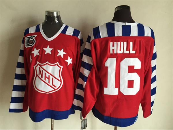Men's #16 Brett Hull Red With 75TH Patch 1992 Wales 