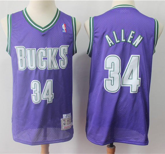 Mens Milwaukee Bucks #34 Ray Allen Purple Mitchell & Ness Hardwood Classics Throwback Swingman Jersey