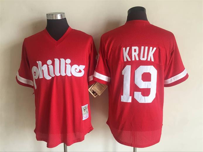 Men's Philadelphia Phillies #19 John Kruk 1993 Red Mesh Pullover Mitchell & Ness Throwback Jersey