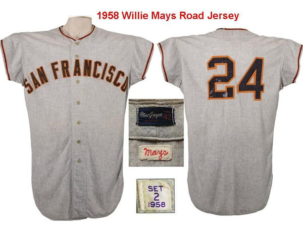 Men's San Francisco Giants #24 Willie Mays Grey Wool Mitchell&Ness 1958 Game Worn Road Throwback Jersey