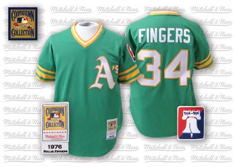 Men's Oakland Athletics #34 Rollie Fingers 1976 Green Pullover Cooperstown Throwback Jersey