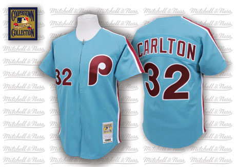 Mens Philadelphia Phillies #32 Steve Carlton 1980 Blue With zipper Throwback Jersey