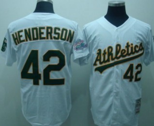 Men's Oakland Athletics #42 Rickey Henderson White Throwback VINTAGE Jersey