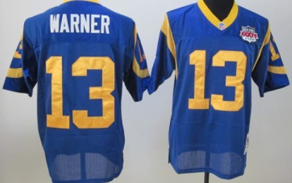 Mens St.Louis Rams #13 Kurt Warner 2000 Super Bowl Light Blue Mitchell & Ness Stitched Throwback Jersey