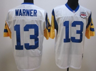 Mens St.Louis Rams #13 Kurt Warner 2000 Super Bowl White Mitchell & Ness Stitched Throwback Jersey