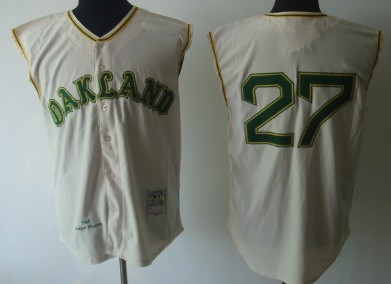 Men's Oakland Athletics #27 Catfish Hunter 1968 Cream Throwback Vest Jersey