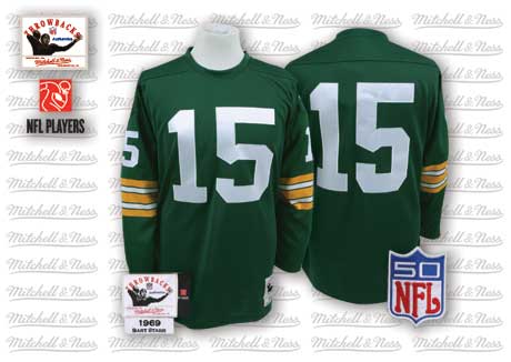 Green Bay Packers #15 Bart Starr Green Long-Sleeved Throwback Jersey