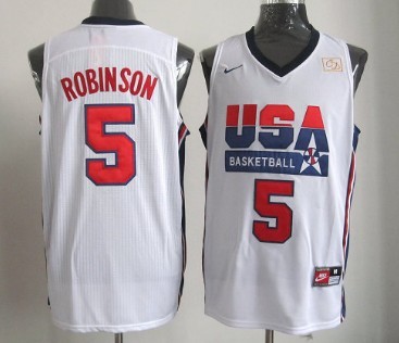 Mens Team USA Basketball Jersey #5 David Robinson White Throwback 