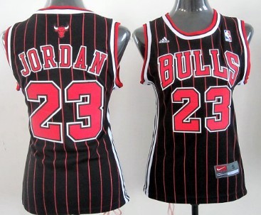 Chicago Bulls #23 Michael Jordan Revolution 30 Swingman Black Pinstripe Womens Jersey