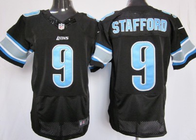 Men's Detroit Lions #9 Matthew Stafford Black With Light Blue Nik Elite Jersey