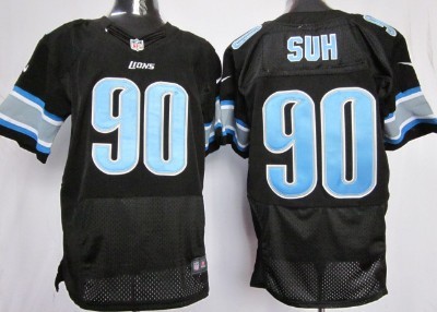 Men's Detroit Lions #90 Ndamukong Suh Black With Light Blue Nik Elite Jersey