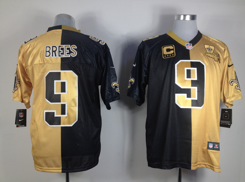 Mens Nike Elite Split Jersey New Orleans Saints #9 Drew Brees Black with Yellow