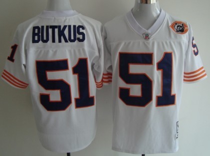 Mitchell&Ness Chicago Bears #51 Dick Butkus White Throwback With Bear Patch Jersey