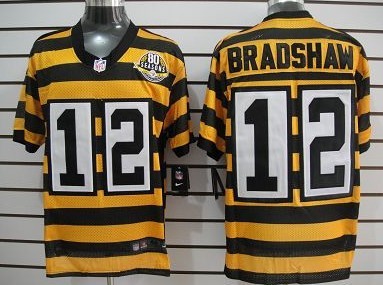 Men's Pittsburgh Steelers #12 Terry Bradshaw Yellow-Black Nik Throwback 80th Patch Jerey